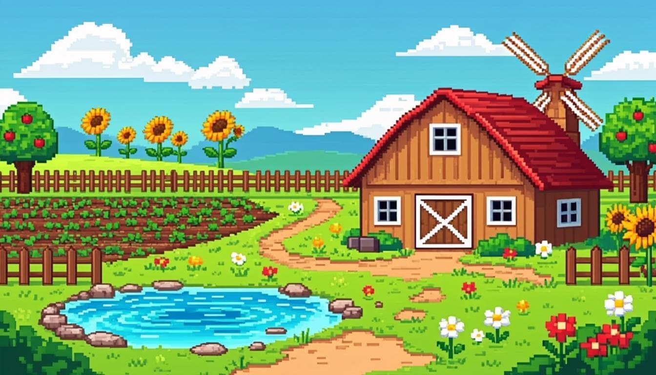 Nông trại pixel: nhà gỗ, cối xay gió, ruộng và ao