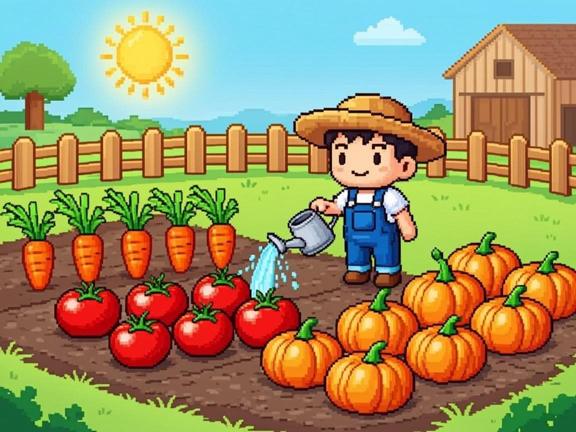 Nông dân tưới luống cà rốt, cà chua và bí ngô