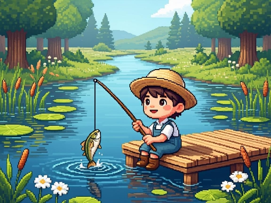 Nhân vật ngồi câu cá trên cầu gỗ